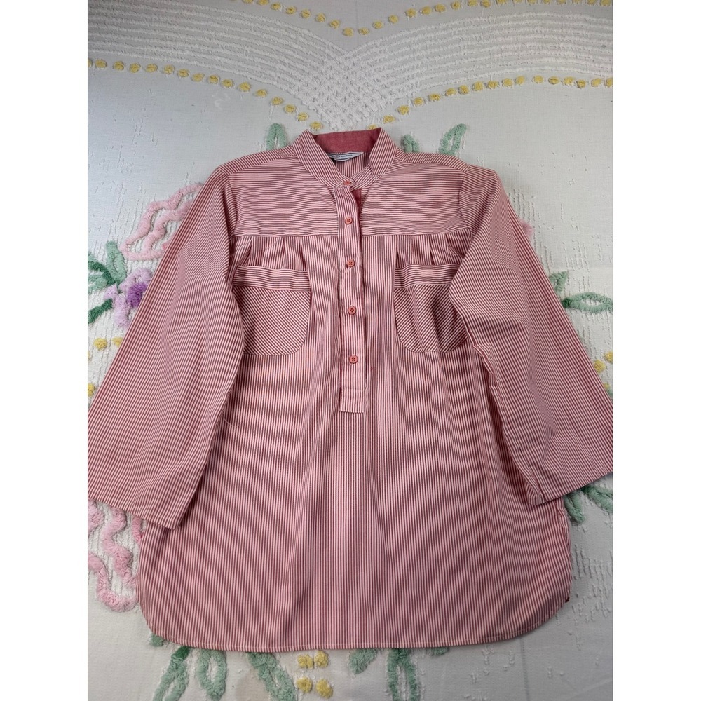 AVON‎ FASHIONS Red White Stripe Tunic Shirt Blouse Button Up Pockets Size 11/12